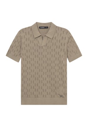 Beiges Polohemd mit kurzen Ärmeln, feinem, gelochtem wiederkehrendem "KL"-Muster sowie geripptem Kragen und Bündchen.