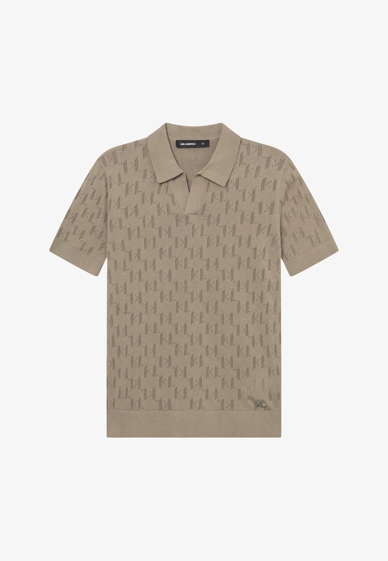 Polo a maniche corte beige con un motivo sottile e traforato con ripetizione delle lettere "KL" e colletto e polsini a coste.