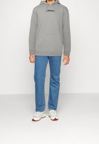 Persona vestida con una sudadera gris de Hollister, jeans azules y zapatillas blancas con suelas rojas, de pie frente a un fondo blanco liso.