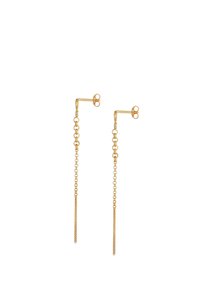 Orecchini d'oro con un design a catena e due sottili fili pendenti. La texture è liscia e hanno un aspetto minimalista e delicato.