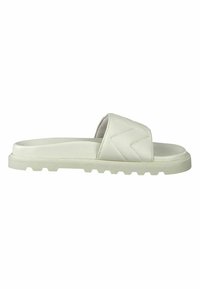 Sandale glissante blanche avec un design de bride texturé et cousu, et une semelle en caoutchouc striée pour une meilleure adhérence. Style simple et minimaliste.