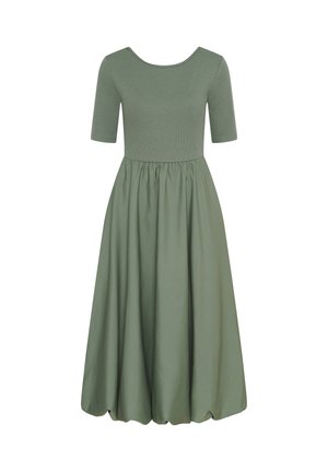 Groene midi-jurk met aansluitende geribbelde halflange mouwen en een geplooide, volumineuze rok met bubbelszoom.