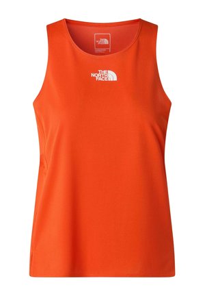 Heldere oranje mouwloze atletische tanktop met wit The North Face-logo centraal nabij de halslijn.