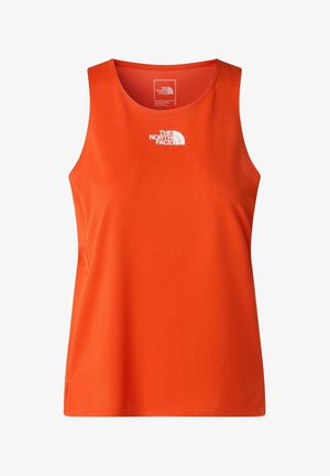 Heldere oranje mouwloze atletische tanktop met wit The North Face-logo centraal nabij de halslijn.