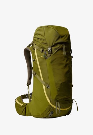 Mochila de caminhada verde-azeitona com várias alças, aba superior, almofadas texturizadas nos ombros e bolsos laterais. Tejido resistente e design ergonómico.