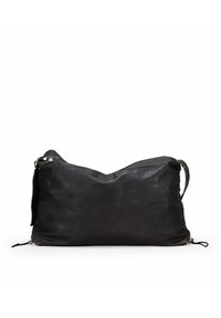 Gran bolsa de cuero negro grande con una textura suave, forma relajada, correa de hombro ajustable y detalles de cordón en la base.