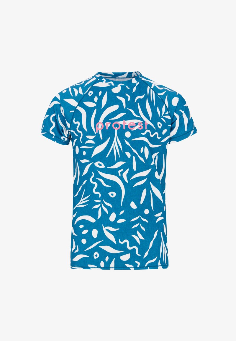 Camicia blu a maniche corte con fantasie astratte bianche, con un logo "protesta" rosa in evidenza sul davanti. Tessuto morbido.