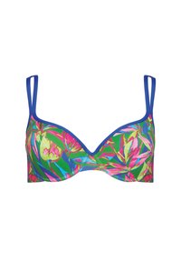 Wielokolorowy stanik bikini z motywem kwiatowym z różowymi, zielonymi i niebieskimi akcentami. Posiada regulowane ramiączka oraz wyprofilowany krój miseczek.