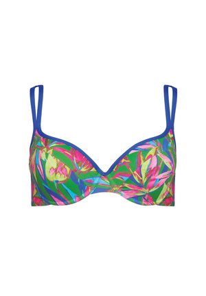Wielokolorowy stanik bikini z motywem kwiatowym z różowymi, zielonymi i niebieskimi akcentami. Posiada regulowane ramiączka oraz wyprofilowany krój miseczek.