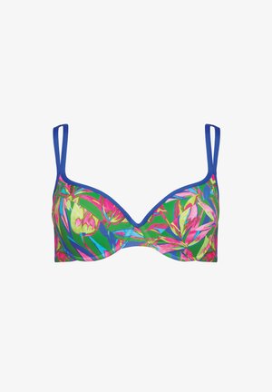Wielokolorowy stanik bikini z motywem kwiatowym z różowymi, zielonymi i niebieskimi akcentami. Posiada regulowane ramiączka oraz wyprofilowany krój miseczek.