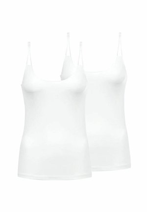Two plain white sleeveless camisoles with thin straps, shown on a white background.