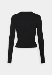 Black ribbed long-sleeve top with a fitted design, featuring a round neckline and a slightly peplum hem. Smooth texture and minimal detailing.