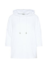 Weißer Kapuzenpullover mit ribbeliger Textur, Dreiviertelärmeln und einem Kordelzug mit Metallspitzen. Schlichter, lockerer Schnitt.