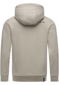 Beige hoodie met een zachte textuur, voorzien van een gestikte capuchon, geribde manchetten en een logo-opdruk op de achterkant.