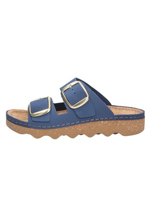 Blue slide sandal with two adjustable gold buckles, textured cork sole, and wavy tread for casual wear.