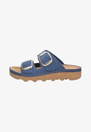 Blue slide sandal with two adjustable gold buckles, textured cork sole, and wavy tread for casual wear.