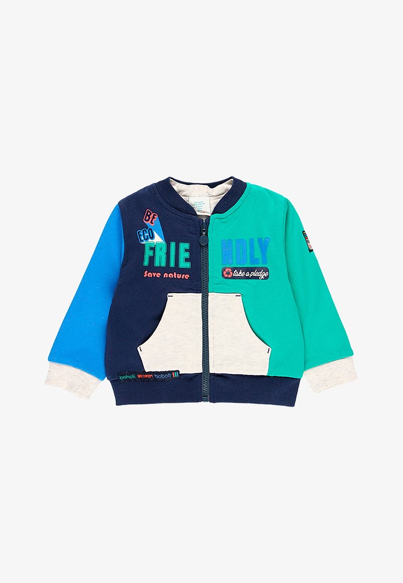 Colorful hooded zip-up jacket featuring blue, green, and navy panels, a gray pocket, and embroidered text with various messages.