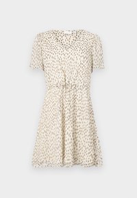 Robe courte crème à manches courtes avec motif de points irréguliers couleur fauve, col en V, taille froncée et petit lien en tissu à l'avant.