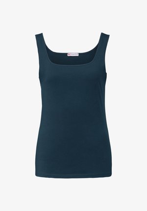 Top sin mangas en verde oscuro, confeccionado en tela de algodón elástico. Presenta un escote cuadrado y tirantes anchos. Textura suave, sin patrones ni adornos.