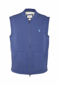 Gilet senza maniche blu realizzato in tessuto misto cotone, con zip frontale, collo a costine e due tasche frontali. Piccolo logo sul petto.