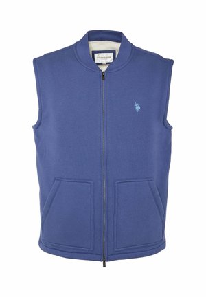Gilet senza maniche blu realizzato in tessuto misto cotone, con zip frontale, collo a costine e due tasche frontali. Piccolo logo sul petto.