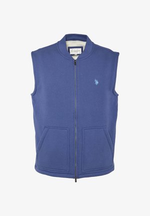 Gilet senza maniche blu realizzato in tessuto misto cotone, con zip frontale, collo a costine e due tasche frontali. Piccolo logo sul petto.