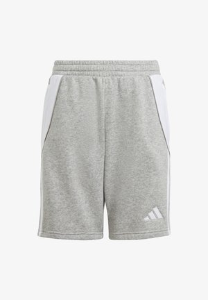 Grijze sportshorts gemaakt van zachte stof, met witte zijaccenten en een subtiele textuur. Bevat een geborduurd logo op de onderzijde rechts.