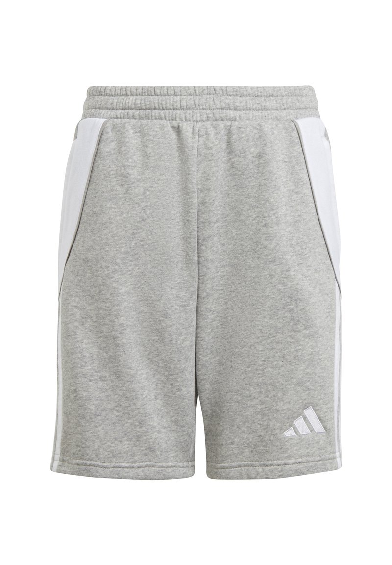 Pantalones cortos deportivos grises hechos de material suave, con acentos laterales blancos y una textura sutil. Incluye un logotipo bordado en la parte inferior derecha.