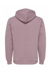 Effen mauve hoodie, gezien van de achterkant, met lange mouwen en geribbelde manchetten en zoom.