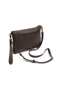 smeđa kožna torba preko tijela s glavnim odjeljkom na zatvarač, dodatnim prednjim džepom, podesivim remenom i glatkom teksturom.