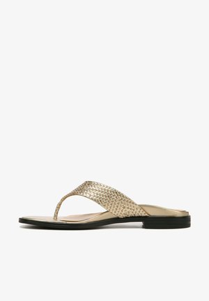 Gold woven slide sandal with a flat black sole and a decorative strap. Features a smooth metallic finish and a toe post design.