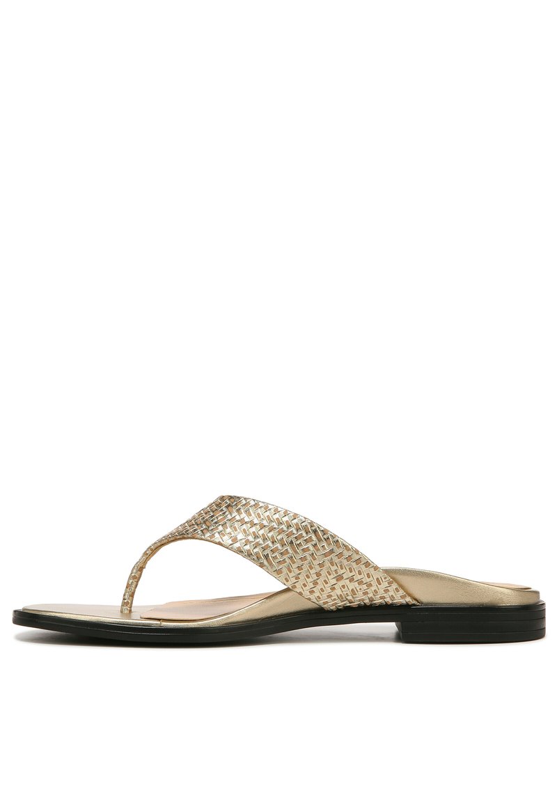 Gold woven slide sandal with a flat black sole and a decorative strap. Features a smooth metallic finish and a toe post design.