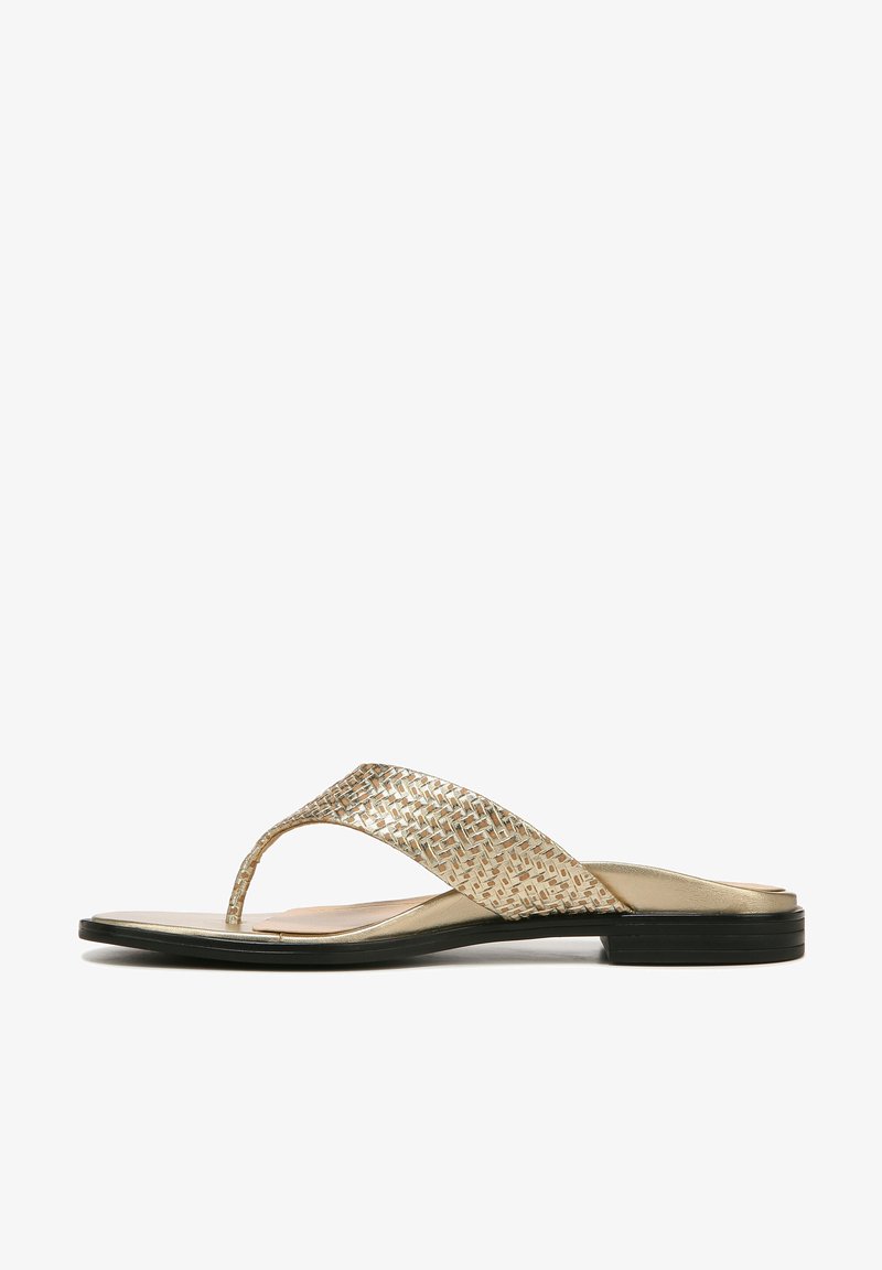 Gold woven slide sandal with a flat black sole and a decorative strap. Features a smooth metallic finish and a toe post design.