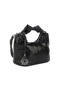 Sac à main noir avec une texture en sequins, forme courbée, poignées courtes avec un accent en ruban, et un charme en forme de logo circulaire.
