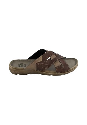 Sandalia deslizante de cuero marrón y beige para hombre con correas cruzadas cosidas y suela acolchada, diseñada para uso casual.