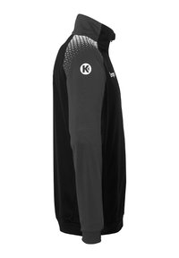 Black sports jacket with a high collar, contrasting grey sleeve design and dotted pattern, featuring a logo on the left shoulder.