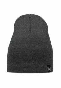 Gray knitted beanie hat with a smooth texture, featuring a rounded top and a small black logo tag on the side.