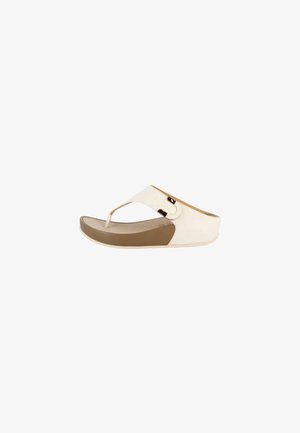 Sandalo beige e marrone con zeppa, con cinturino a infradito e dettaglio fibbia laterale, pensato per un uso casual.