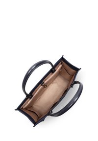 Borsa a mano in pelle blu navy con superficie liscia, manici doppi, interno spazioso e rivestimento in tessuto beige. Presenta una tasca con zip e scomparti organizzatori.