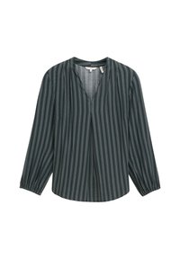 Bluză verde închis cu dungi verticale albe, decolteu în V și mâneci lungi pliate. Material ușor, cu o croială lejeră.