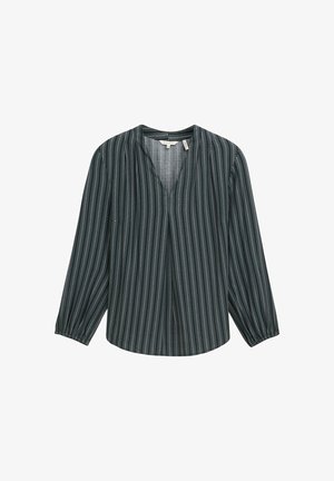 Blouse vert foncé avec des rayures blanches verticales, décolleté en V et manches longues froncées. Tissu léger avec une coupe décontractée.