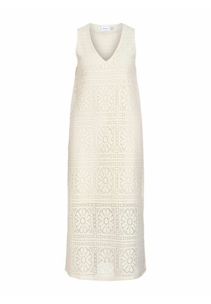 Sleeveless white crochet midi dress with V-neck and floral square patterns, straight cut and lightweight fabric.