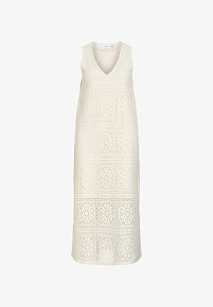 Sleeveless white crochet midi dress with V-neck and floral square patterns, straight cut and lightweight fabric.