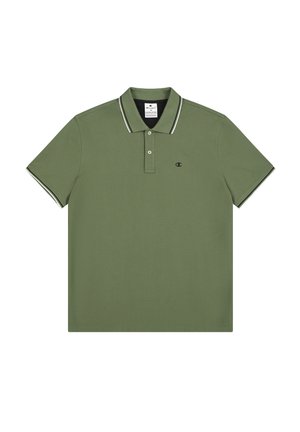 Polo vert olive en coton, avec un col à deux boutons, des bandes blanches sur le col et les manches, et un logo brodé.