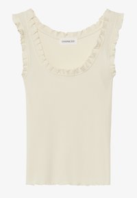 Kremowy top na ramiączkach z prążkowanej tkaniny, z falbanami na krawędziach i dekoltem w serek. Materiał jest miękki z delikatną teksturą, idealny do codziennego noszenia.