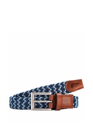 Ceinture en tissu tressé bleu avec boucle en métal argenté et détails en cuir marron comportant un petit logo embossé.