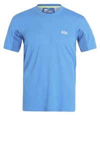 Blå kortärmad t-shirt i lättviktig tyg med rundad halsringning och texturerade meshdetaljer på ärmarna. Har varumärkeslogotyp.