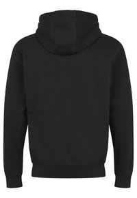 Zwarte hoodie van zacht materiaal, voorzien van een trekkoordcapuchon, geribde manchetten en een schone achterkant zonder extra versieringen.