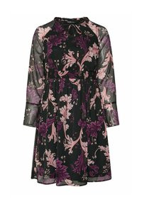 Svart genomskinlig klänning med långa ärmar och rund halsringning, prydd med ett blommönster i rosa och lila. Samlad midje detalj.