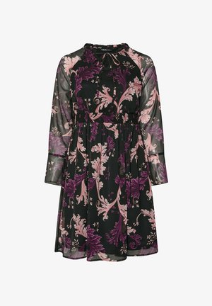 Zwarte doorschijnende jurk met lange mouwen en een ronde halslijn, versierd met een bloemenpatroon in roze en paars. Gekoorde taille details.